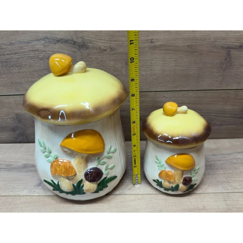 Vintage MCM Ceramic Mushroom Canister Set w/ Lids Retro 1970s Kitchen